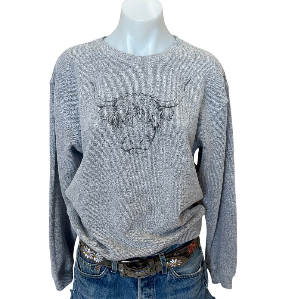 Highland Cow Heather Gray Sweatshirt SMALL Scottish Coo Oversized Pacific & Co